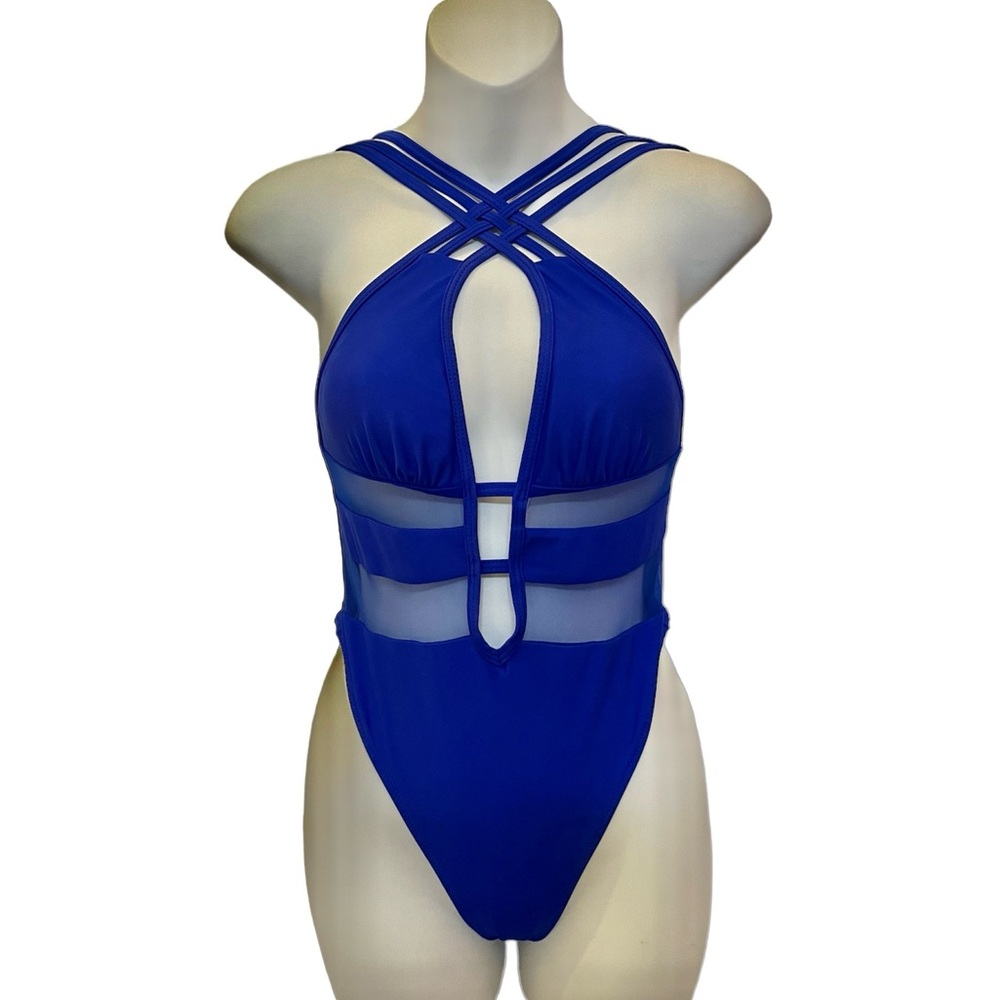 Bright blue one piece bathing suit with mash and cut outs  size small